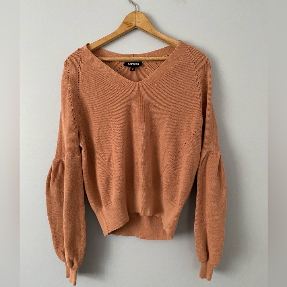 Express Size Small V-Neck Sweater with Balloon Sleeve Cotton Dusty Rose Sweater